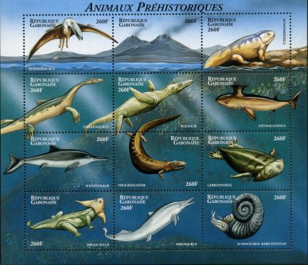 Animaux Prehistoriques 古代海洋生物１２種組の小型シート１枚 ガボン おさかなマガジン分館 切手資料館